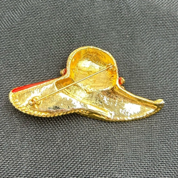 Vintage Red Hat Enamel Brooch Gold-Tone Purple Rhinestone Red Hat Lady - Picture 4 of 6